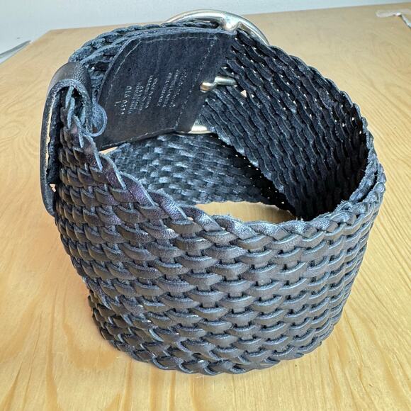 Eddie Bauer Women’s Belt Wide Woven Leather Black M/L Solid Brass Silver Tone - Picture 6 of 6